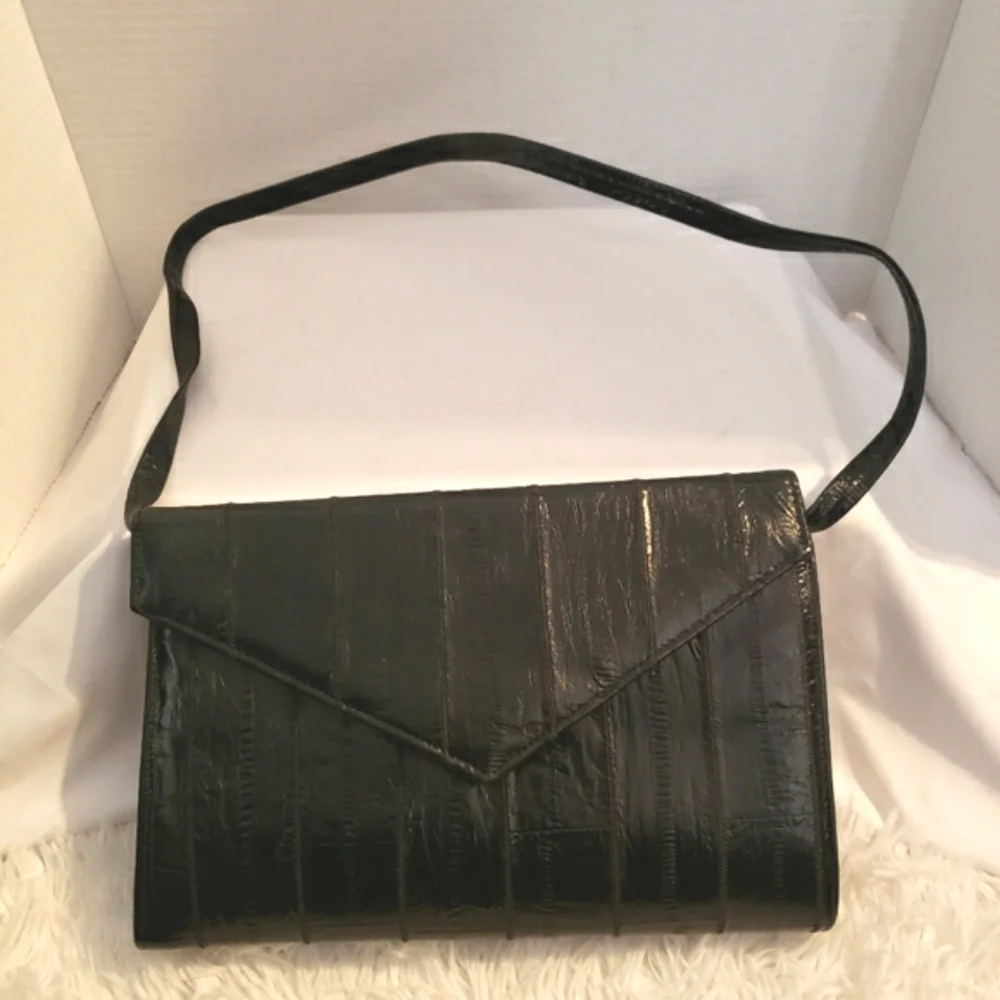 Black Faux Ell Skin  Convertible Shoulder Clutch Handbag